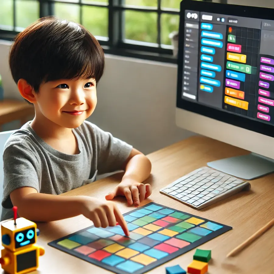 An Asian child in Singapore learning block-based coding on a computer